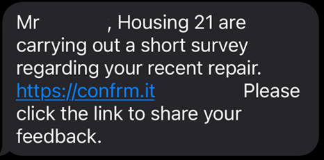 An example of a text message for the repairs survey. The message asks residents to click a link to share feedback.